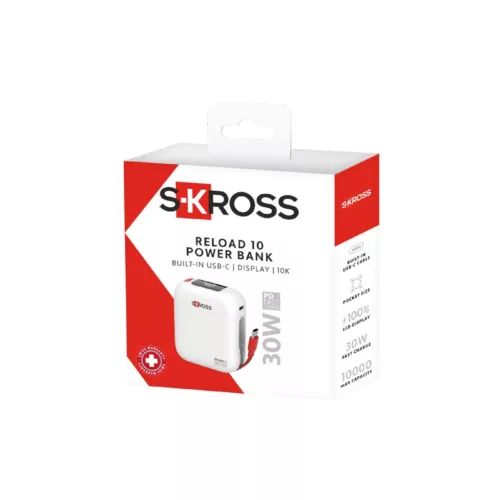 SKROSS 21602 Reload 10 Compact Powerbank, 10000mAh, USB-C+USB-C, PD30W, LCD kijelző, beépített töltőkábel, fehér