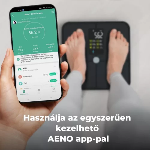AENO ABS0002S BS2S testmérleg, 180 kg-ig terhelhető, SMART funkciók, profilok, BMI index elemzés, színes kijelző
