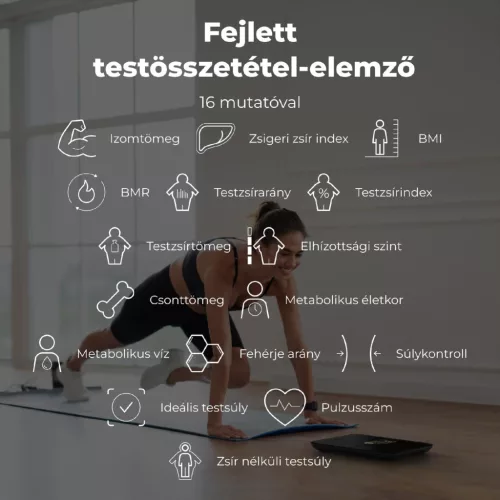AENO ABS0002S BS2S testmérleg, 180 kg-ig terhelhető, SMART funkciók, profilok, BMI index elemzés, színes kijelző