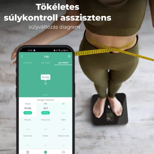 AENO ABS0002S BS2S testmérleg, 180 kg-ig terhelhető, SMART funkciók, profilok, BMI index elemzés, színes kijelző