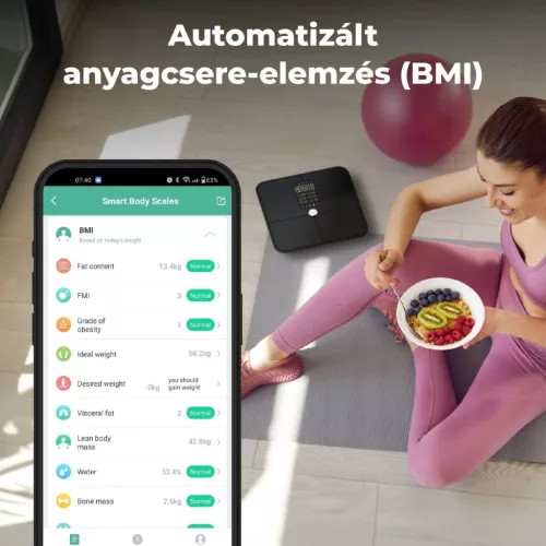 AENO ABS0002S BS2S testmérleg, 180 kg-ig terhelhető, SMART funkciók, profilok, BMI index elemzés, színes kijelző