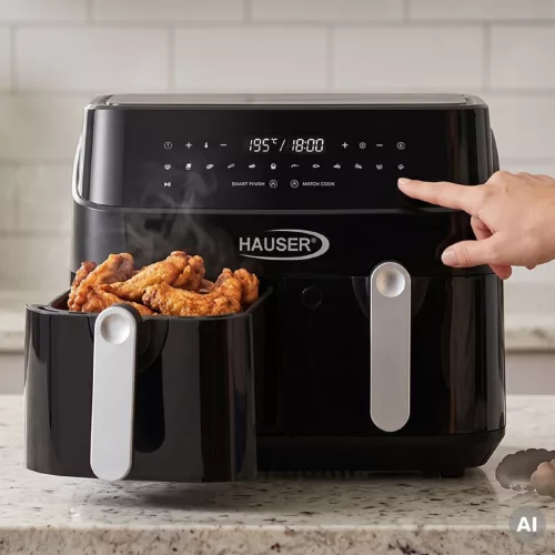 HAUSER AF-2450 air fryer, forrólevegős fritőz, max. 1750 W, 2 x 4,5 liter kapacitás, max. 200 ℃, digitális kijelző, időzítő, fekete színű
