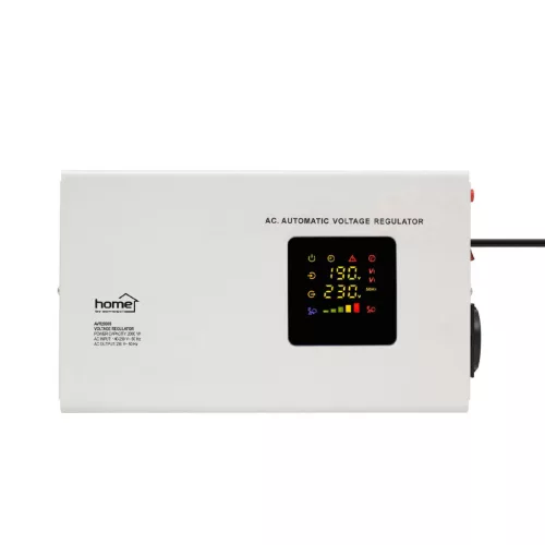 HOME AVR2000S feszültségstabilizátor, 2000VA, automatikus működés, vékony kivitel, falra szerelhető, színes digitális kijelző, teljeskörű meghibásodás elleni védelem
