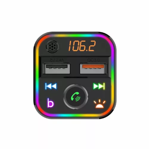 SAL FMBT 18RGB autós kihangosító és töltő, 5 in 1, FM modulátor, dupla USB gyorstöltő, feszültségmérő, basszus-kiemelés gomb