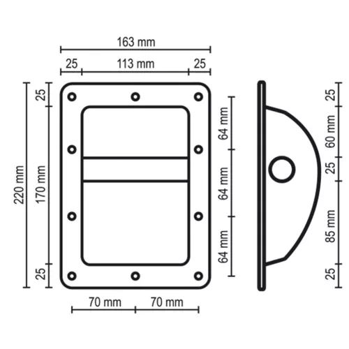 SAL HT 203 süllyesztett fogantyú hangfalhoz, fém, 220 x 163 x 60 mm