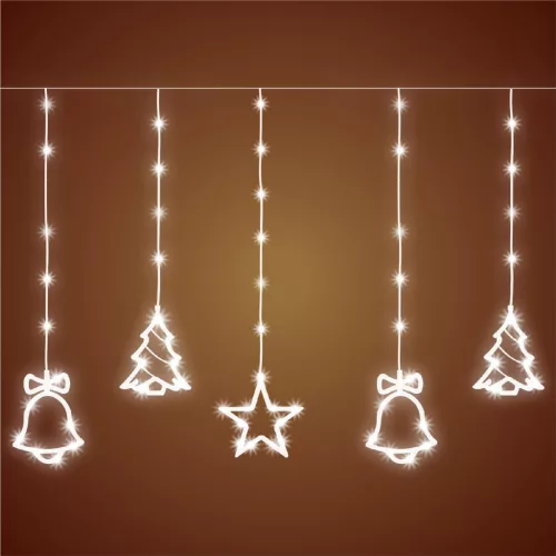 Home KAF 11/WH micro LED-es figurás fényfüggöny, 2 m / 186 db hidegfehér LED, harang / fenyő / csillag figurákkal, hálózati adapter, kül- és beltéri kivitel