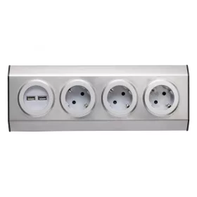   Home KNV 03/USB szerelhető konyhai hálózati elosztó USB aljzatokkal, 3 védőérintkezős és 2 USB aljzat, rozsdamentes acél, felszerelés sarokba is, max. 3680 W, 