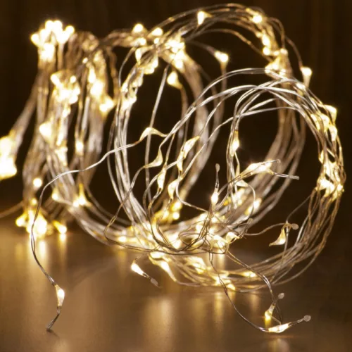 Home ML 150/WW micro LED-es fényfüzérköteg, 150 db melegfehér micro LED, 6 ágú, vékony, ezüstszínű vezeték, hálózati adapter, kül- és beltéri kivitel