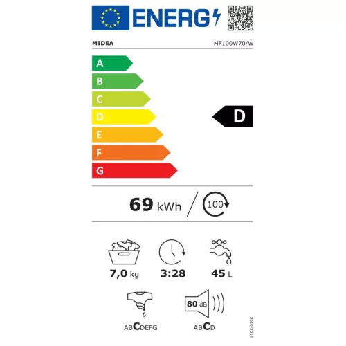Midea MF100W70/W-HU - Keskeny elöltöltős mosógép, 7 kg, 1200 fordulat/perc