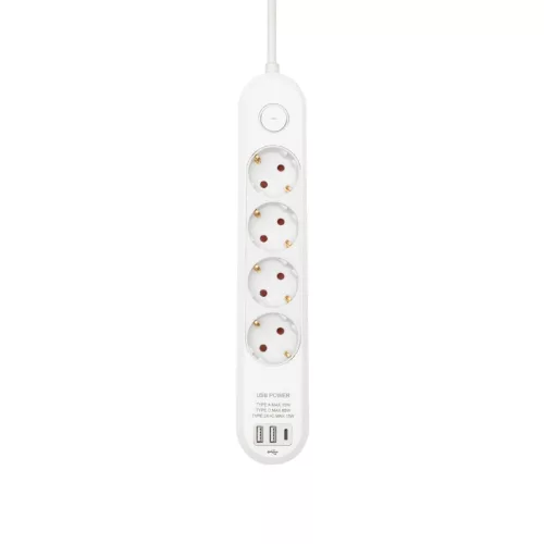 HOME NV4KUSBC hálózati elosztó, 1,5 m, H05VV-F 3G1,5 mm2 kábel, 4 védőérintkezős aljzat, USB töltőaljzat, max. 3680W, kétpólusú kapcsoló, beltéri kivitel