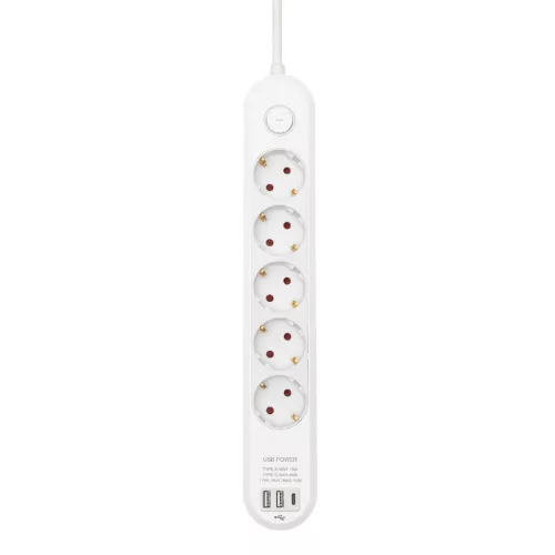 HOME NV5K3USBC hálózati elosztó, 3 m, H05VV-F 3G1,5 mm2 kábel, 5 védőérintkezős aljzat, USB töltőaljzat, max. 3680W, kétpólusú kapcsoló, beltéri kivitel
