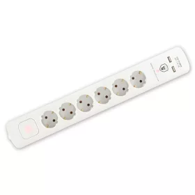   Home NVT 06K USB/WH túlfeszültség védett hálózati elosztó, 1,4 m, kapcsolós, H05VV-F 3G1,5 mm2 kábel, 6 aljzat, max. 3680W, falra akasztható, USB töltőaljzatok