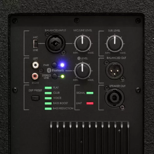 SAL PAS10W43S professzionális oszlopsugárzó hangrendszer, max. 800 W, 25cm mélysugárzó, 4x3” szélessávú satellit hangszóró, aktív zenekari hangdoboz, Bluetooth, fém állvány