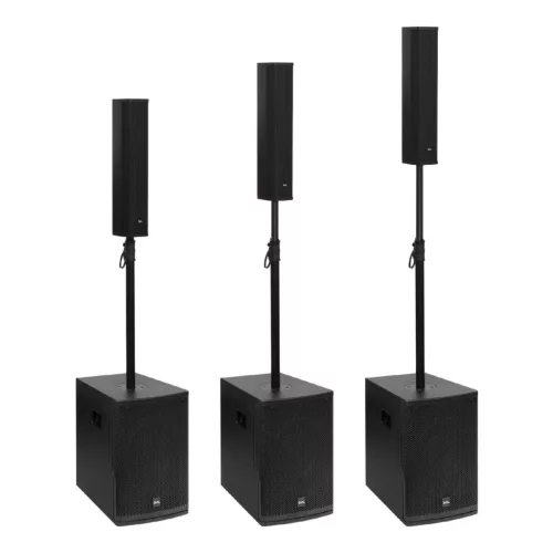 SAL PAS10W43S professzionális oszlopsugárzó hangrendszer, max. 800 W, 25cm mélysugárzó, 4x3” szélessávú satellit hangszóró, aktív zenekari hangdoboz, Bluetooth, fém állvány