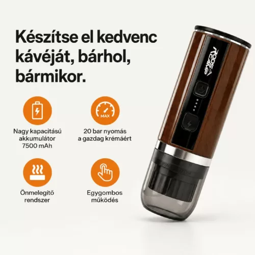 RoosCamp ROOSCOFFEE hordozható kávéfőző, max 20 bar, 7500 mAh akkumulátor, powerbank funkció, USB-C