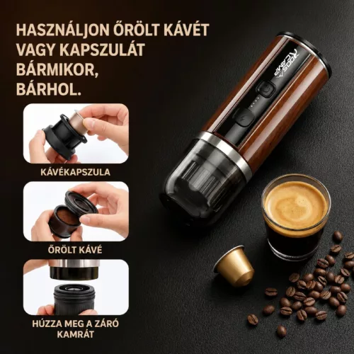 RoosCamp ROOSCOFFEE hordozható kávéfőző, max 20 bar, 7500 mAh akkumulátor, powerbank funkció, USB-C
