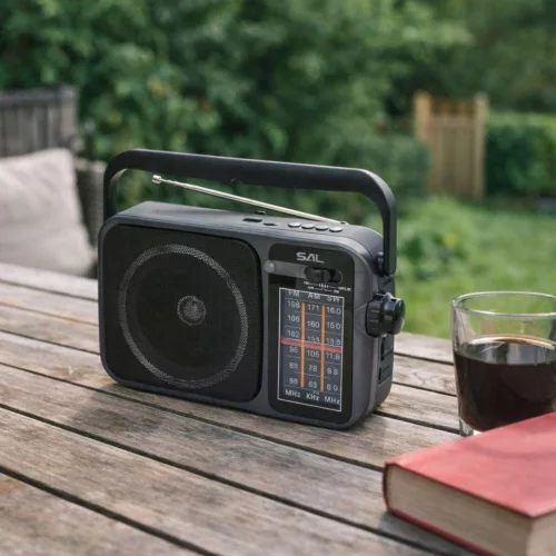 SAL RPR10 hordozható rádió multimédia lejátszóval, vezeték nélküli Bluetooth hangszóró, 3-sávos rádió, MP3 lejátszás USB/microSD eszközről, tölthető