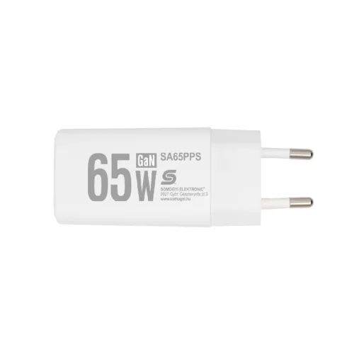 HOME SA65PPS USB hálózati szupergyors töltő, 65Watt, 2in1: USB-A + USB-C aljzat, QC + PD + PPS gyorstöltés, GaN technológia