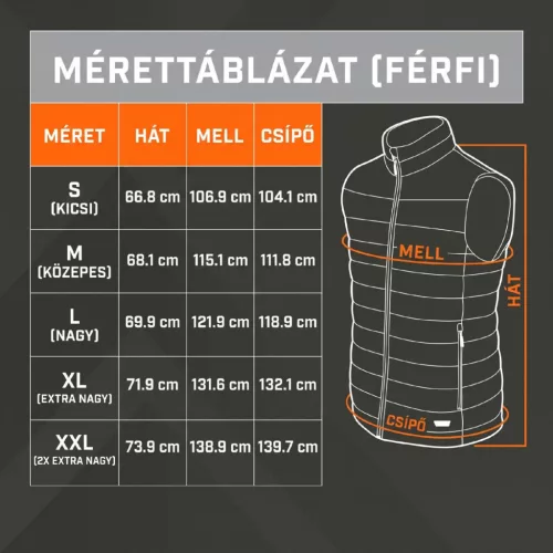 HAW THA-APR-0002-G fűthető mellény, XL méret, 4 hőzóna, 3 fokozat, vízlepergető réteg, külső akkumulátorral