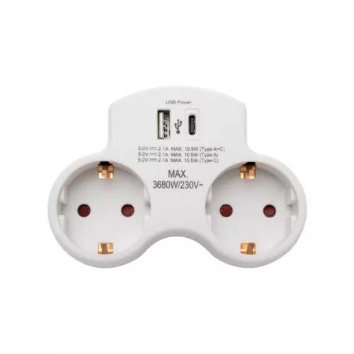 HOME TPF2USBC USBC hálózati töltő, 2.1A, max. 3680 W, 2 db földelt hálózati aljzat gyermekvédő zsaluval