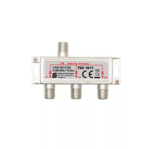 Home TSX 1911 F elosztó, HQ professzionális minőség, 75 Ohm, IP44, cink-ötvözet konstrukció, 5-2400 MHz, 3 utas, 1 bemenet, 3 kimenet