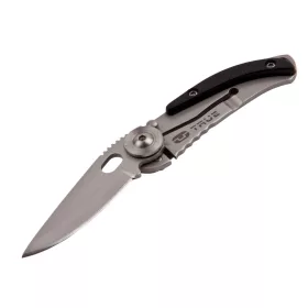   True Utility Skeletonknife, TU571K, 4 cm rozsdamentes acél penge, eloxált alumínium tok, karabiner rögzítési pont, jobb és balkezes