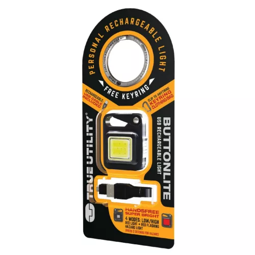 True Utility Buttonlite, TU919K, tölthető lámpa, 4 funkció, 47 lm COB LED, Li-ion, rozsdamentes acélváz
