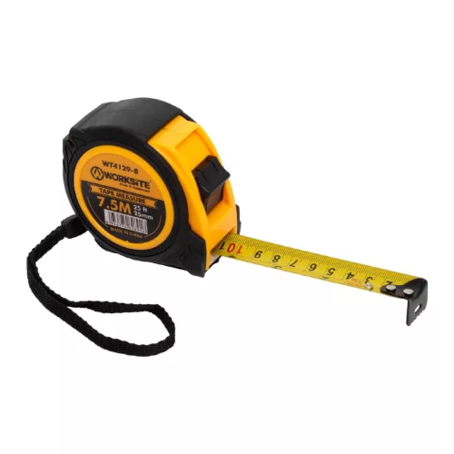 WORKSITE WT4129-B professzionális mérőszalag, 7.5m hosszú, 25mm széles, két féle reteszelés, övcsipesz, gumírozott