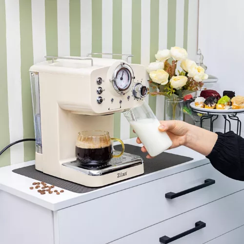 Zilan ZLN2992 retró eszpresszó kávéfőző, 1100 W, 15 bar, 1,25 liter kapacitás, tejhabosító, bézs