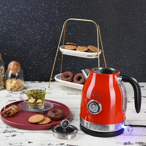 Zilan ZLN7033 retró vízforraló, 2200 W, 1,7 liter, hőmérsékletkijelzés, 360°-ban forgatható, piros