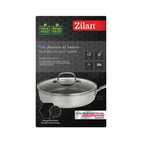 Zilan ZLN9679 Hexachef serpenyő fedővel, 26 cm, 3,2 liter, 3 rétegű, hatszögletű hibrid tapadásmentes belső